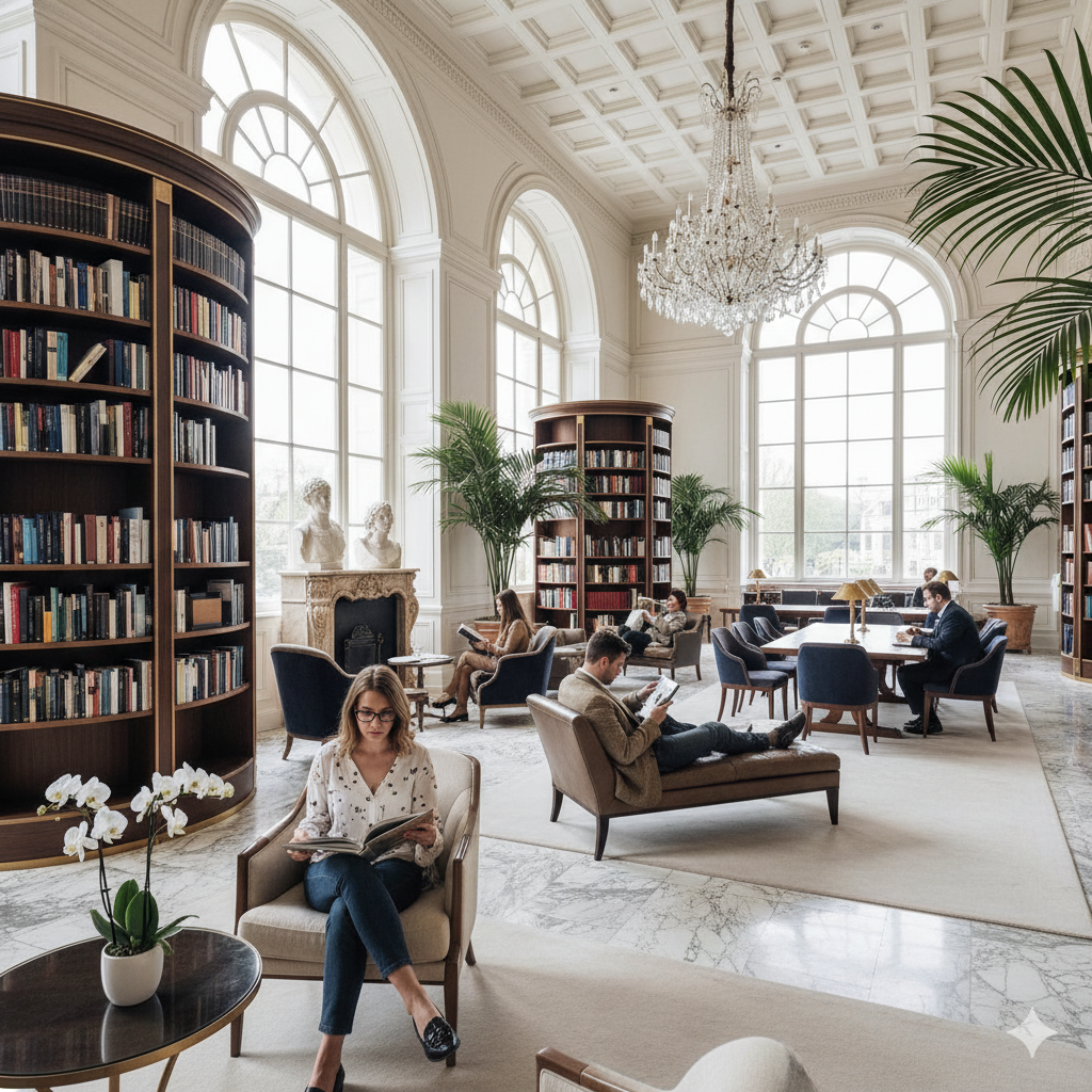 Quiet reading lounge with library at Atco La Vivant